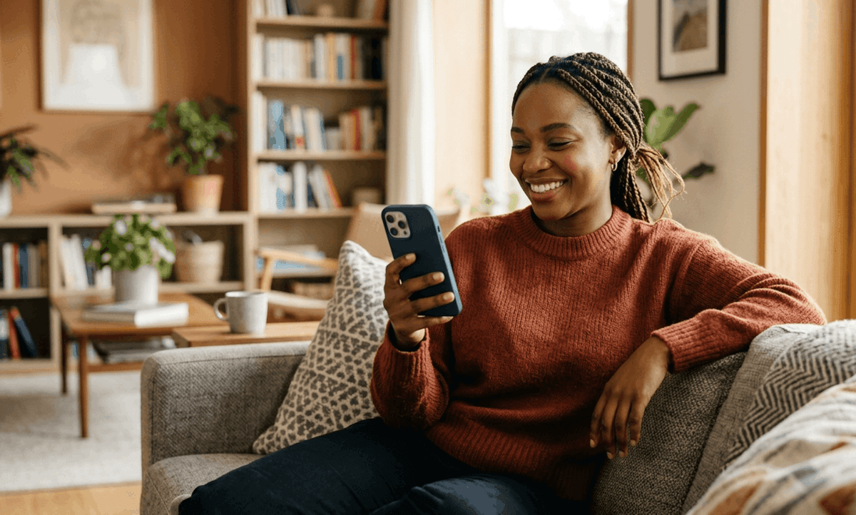 Happy customer ordering from their phone at home using Luxe AI