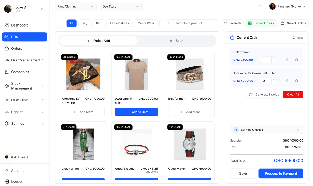 Luxe AI POS interface